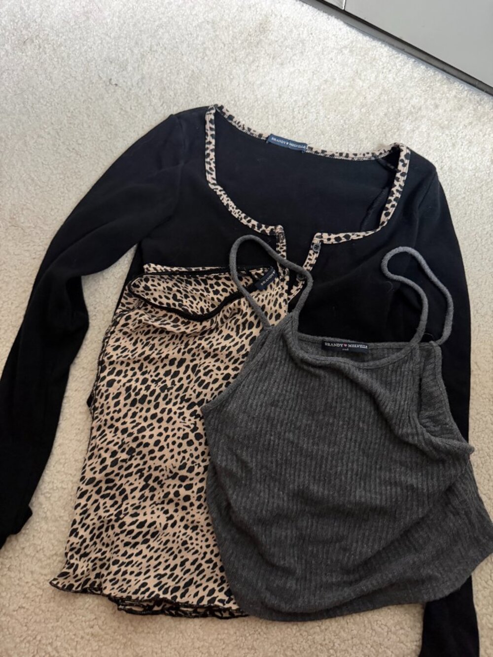 Brandy Melville 3-Pc Bundle – Leopard Cardigan, Leopard Skirt, Grey Cami – Good
